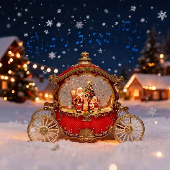 Christmas Snow Globes, Christmas Carriage Snow Globe with 8 Music & Timer, Battery Or USB Cable Powered Operated Glittering for Christmas Table Centerpiece Decoration