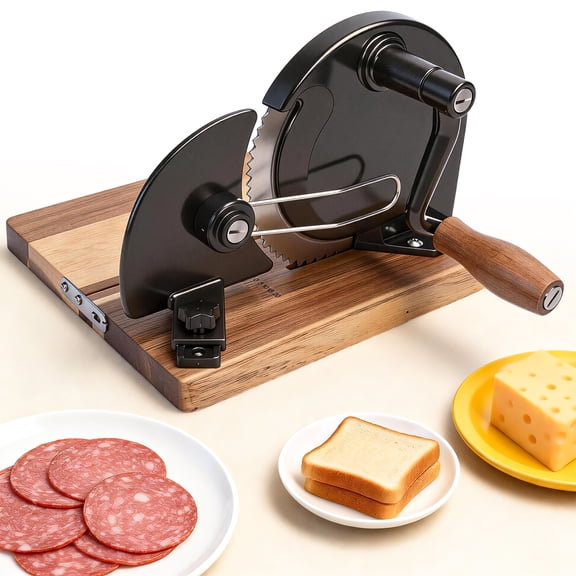 Foldable Manual Bread Slicer, Adjustable Thickness Bread Cutter with Acacia Wood Base, Hand Crank Slicer for Homemade Sourdough Bread