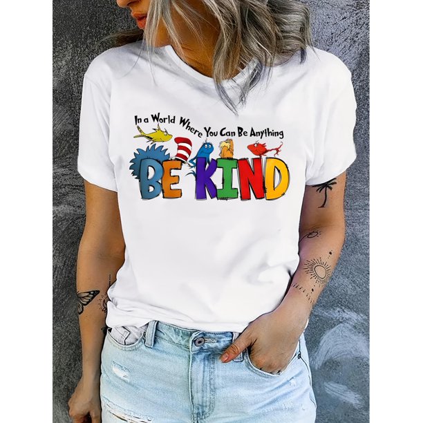 Camiseta informal de cuello redondo para mujer con estampado animal "Be Kind", tejido de punto, longitud corta, ideal para primavera/verano/otoño. Ideal para adultos, hombres, mujeres, adolescentes y