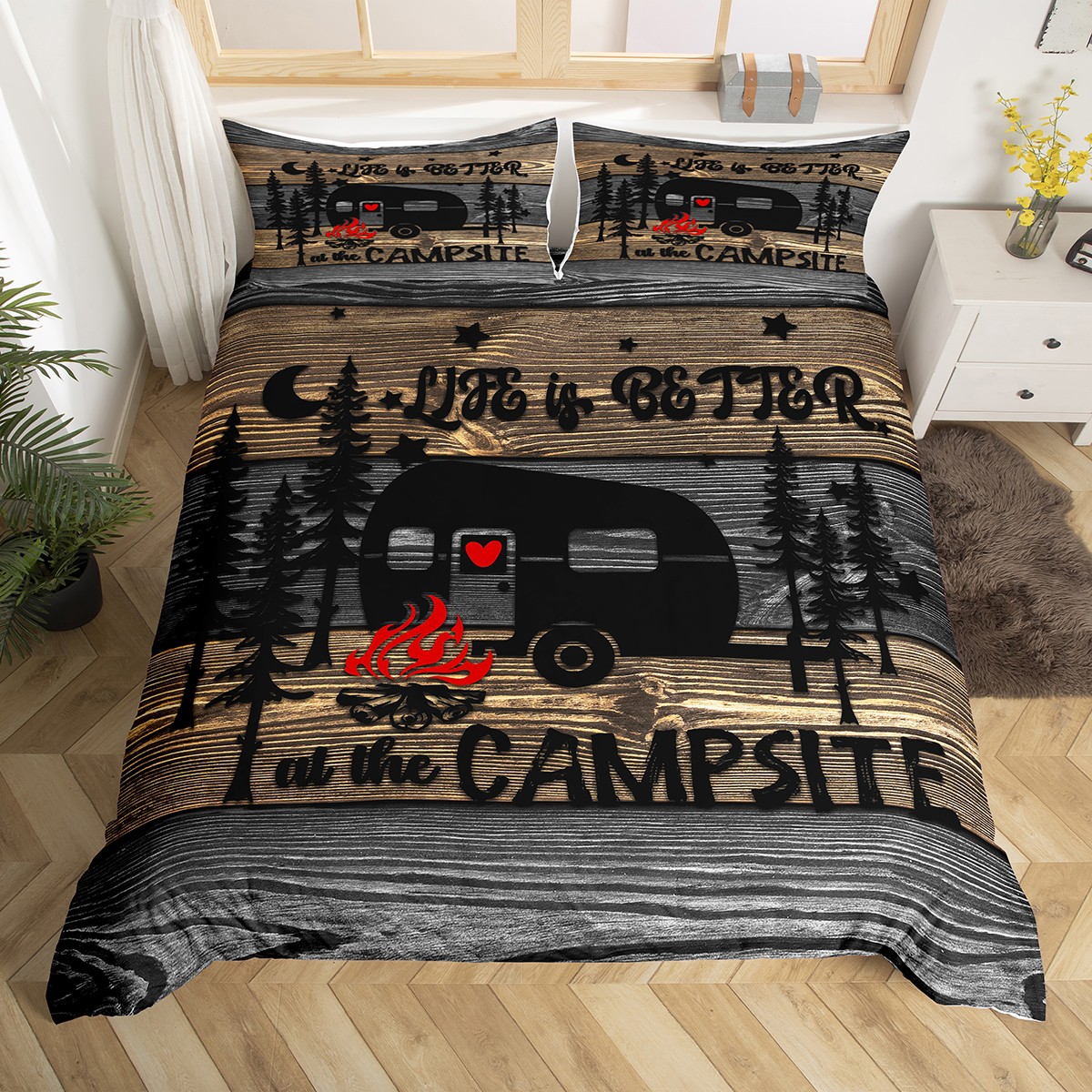 Happy Camping Duvet Cover Queen Rustic Farmhouse Cabin Bedding Set For