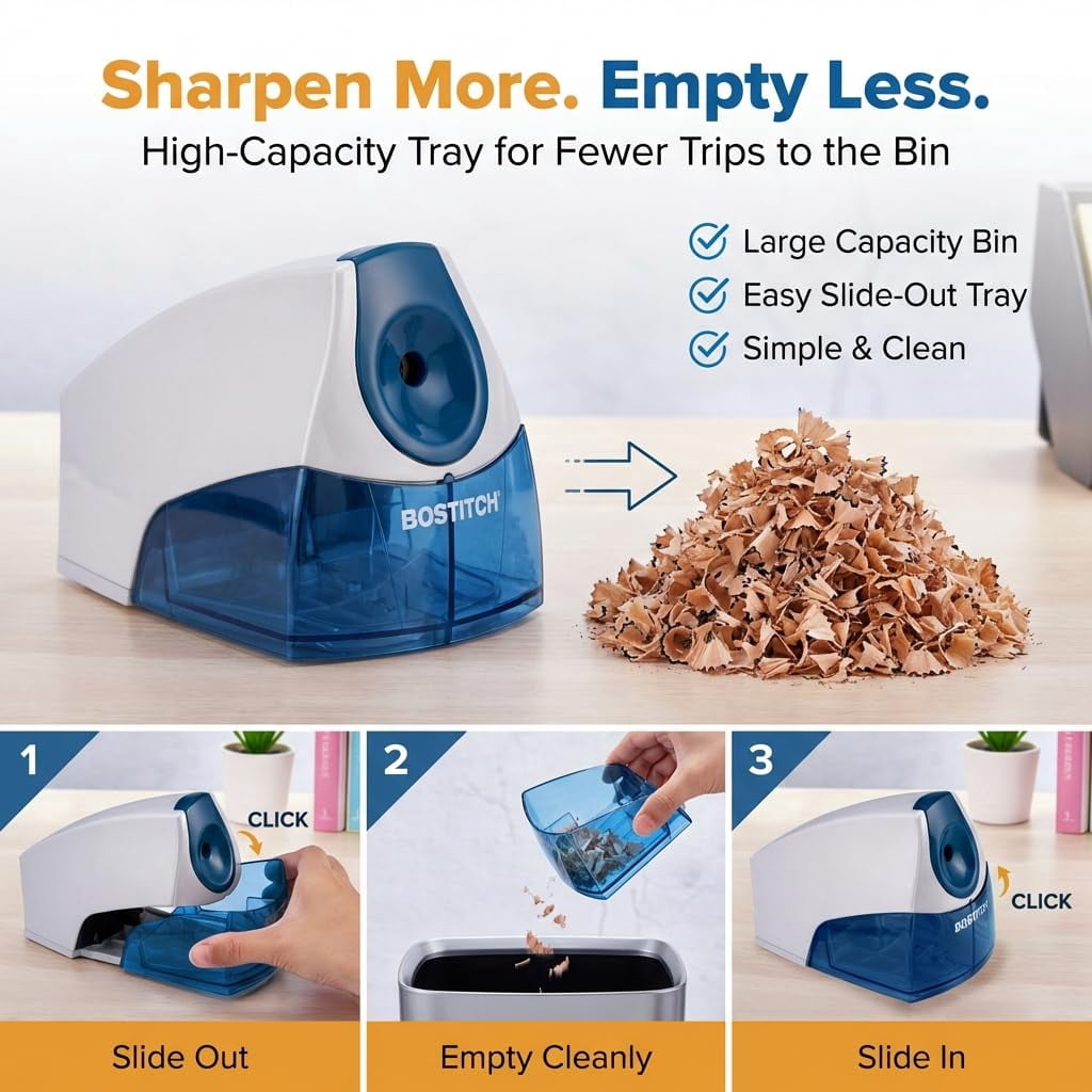 Office Electric Pencil Sharpener for Classroom & Desk Use, Heavy-Duty Stall-Free Motor, High-Capacity Shavings Tray, Dark Blue