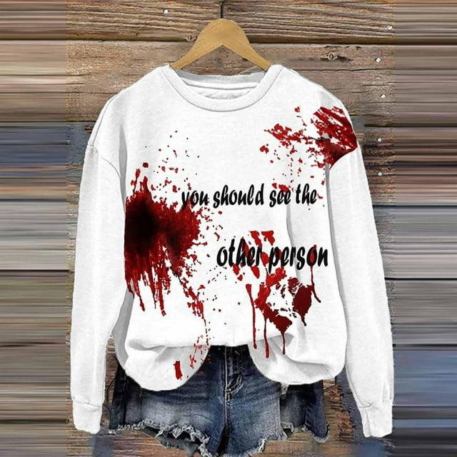 TIMIFIS Chandails en Molleton Blancs d'Halloween pour Femmes en Molleton Décontracté Col Rond Manches Longues Pull Tendance Imprimé Graphique Rouge