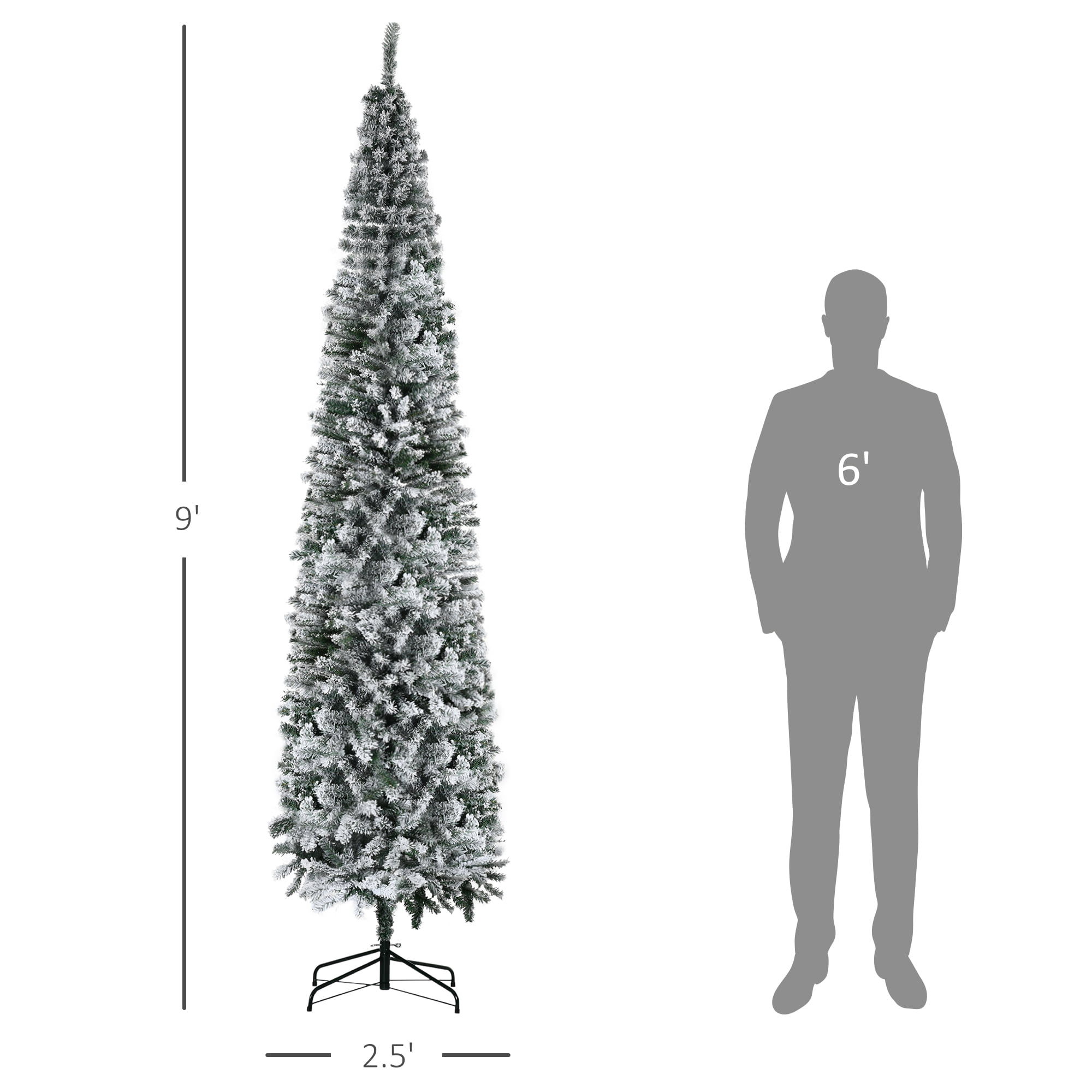 9ft Snow Flocked Pencil Christmas Tree 1014 Tips Flame Retardant Small Space Holiday Decor