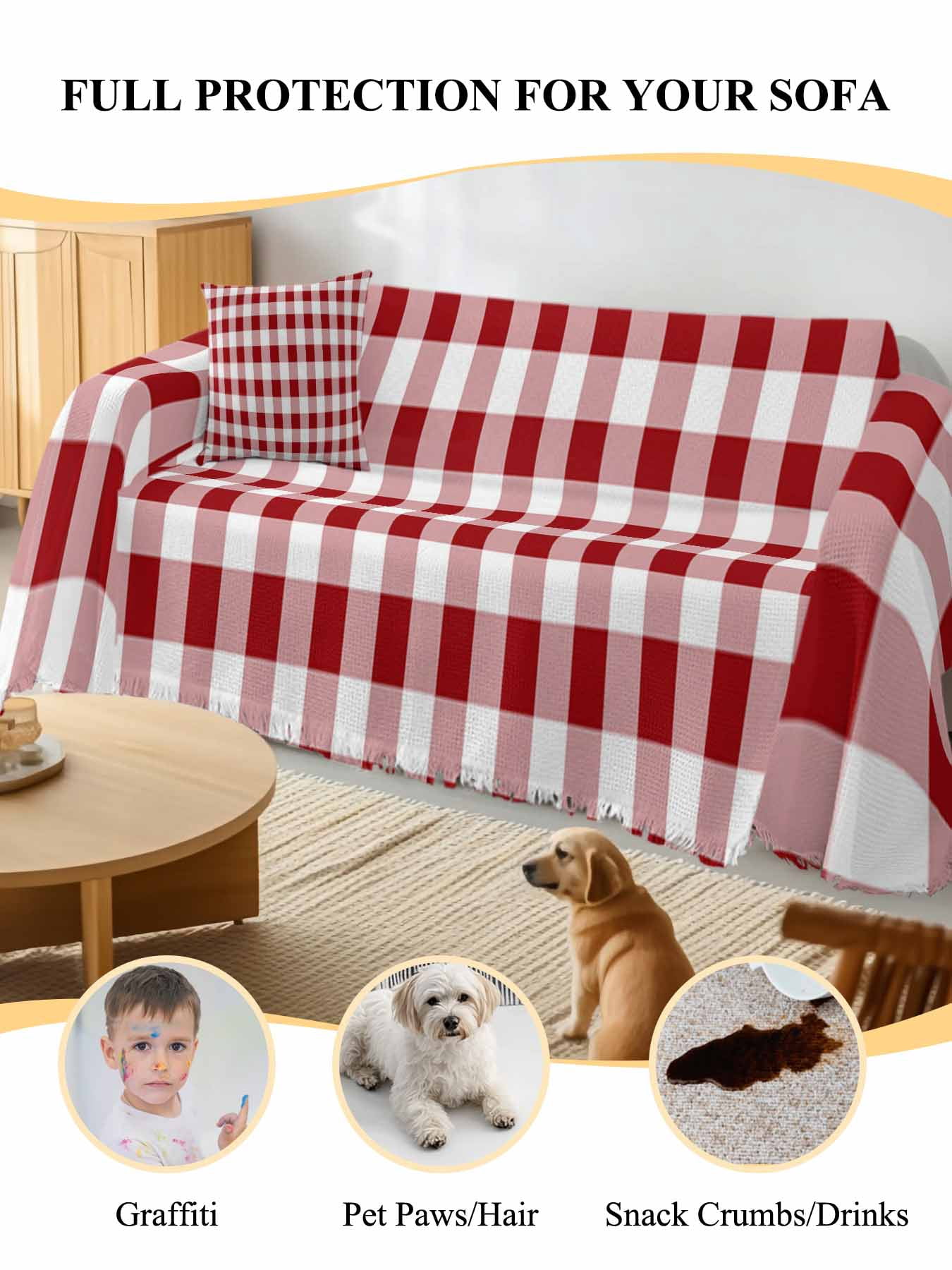 Farmhouse Buffalo Plaid Sofa Covers for 2-3 Cushion Couch L-Shaped Sectional, Red White Checkered Washable Sofa Covers Slipcover for Living Room Furniture, Couch Cover Blanket 71"x134"