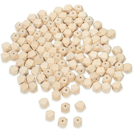 Wood Beads - 120-Piece Unfinished Faceted Geometric Wooden Beads, 0.62 Inch