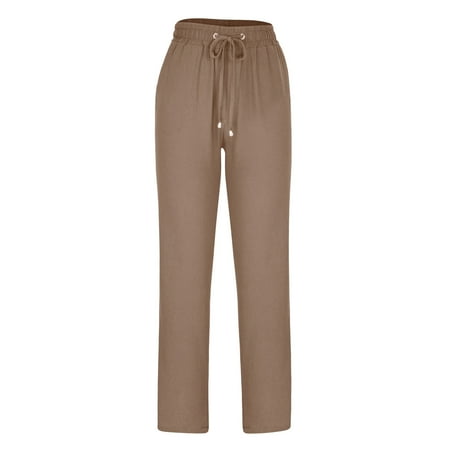 

Charella Pants for Women Cotton Linen Solid Color Elastic Waist Wide Leg Drawcord Sweatpants Trouser Woman Casual Workout Jeans Khaki XXL
