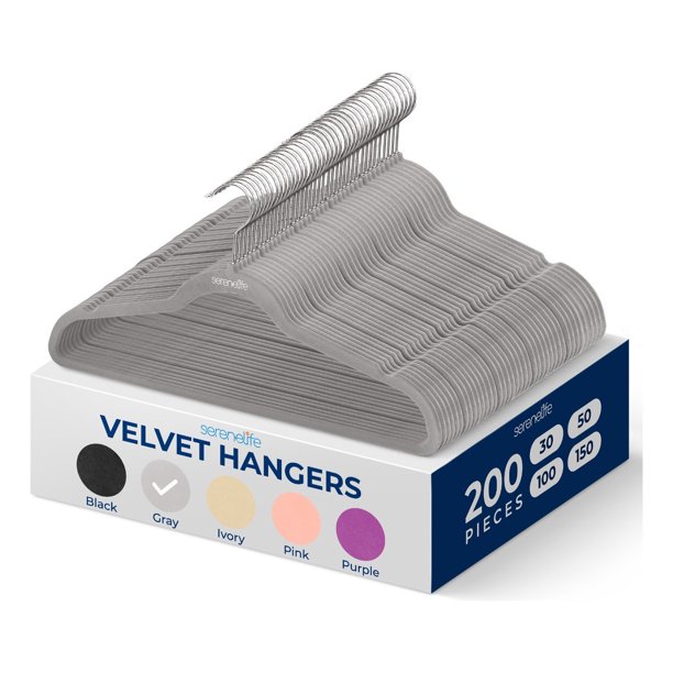 Ganchos de Terciopelo Premium Serenelife, Ahorradores de Espacio, Resistentes, con Gancho Metálico Giratorio de 360°, para Trajes, Pantalones y Vestidos, Gris, Pack 200