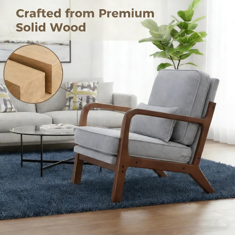 Simple Deluxe Accent Chair with Arms and Waist Pillow, Mid Century Modern Lounge Chair with Solid Wood Frame for Living Room, Bedroom, Gray