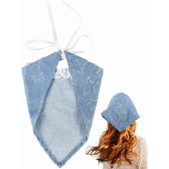 Blue Star Pattern Head Scarf Kerchief Small Triangle Headband Hair Covering Wrap with Ruffled Pleated Edge Lace Up Design Bandana for Women Holiday Costume Accessories Styling Decoration 1pc