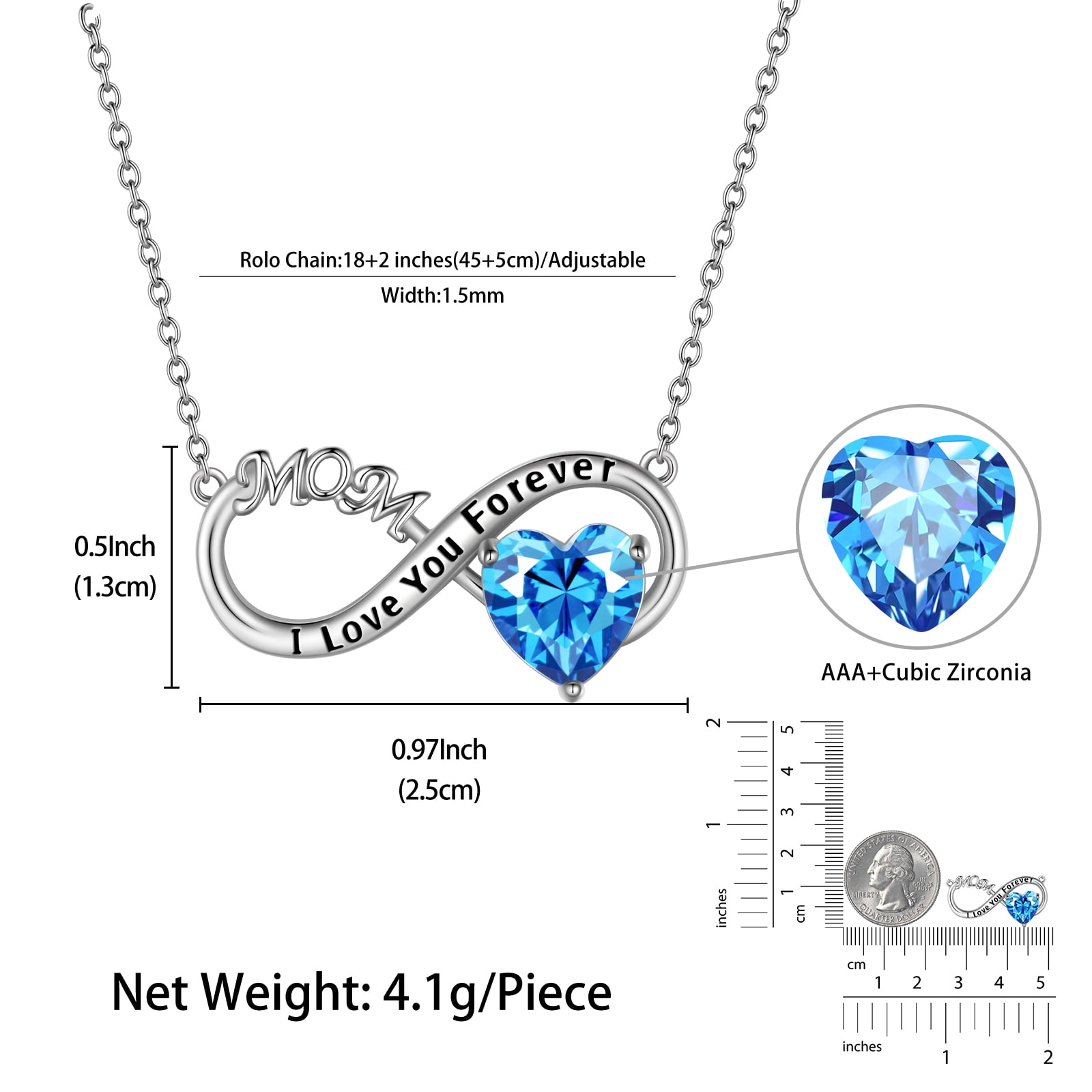 Juwaliy Infinity Heart Necklace for Mom March Birthstone Necklace Aquamarine Blue Pendant 925 Sterling Silver Jewelry Women Birthday Mother's Day Gift