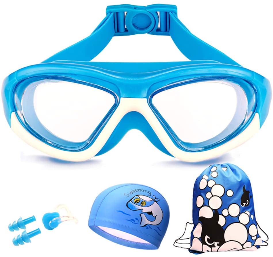 PU Swim Cap For Boys Girls Youth Kids Swim Goggles Anti-Fog UV Lens No Leaking 