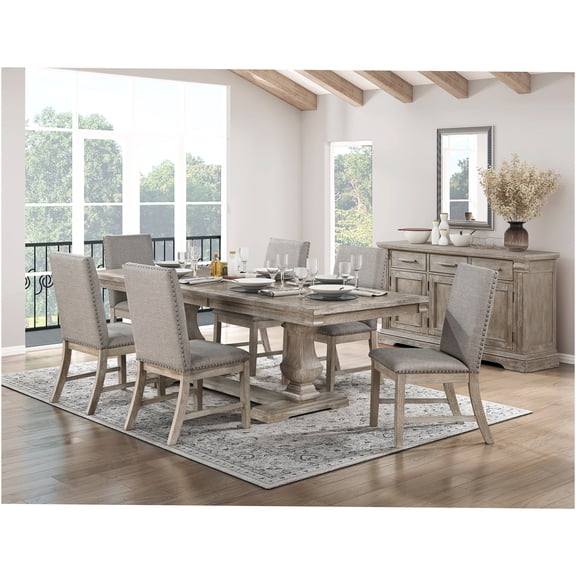 JERFIT 7-Piece Traditional Dining Set with Extension Leaf, Brown Gray Wood Table and 6 Upholstered Chairs for Kitchen Dining Room