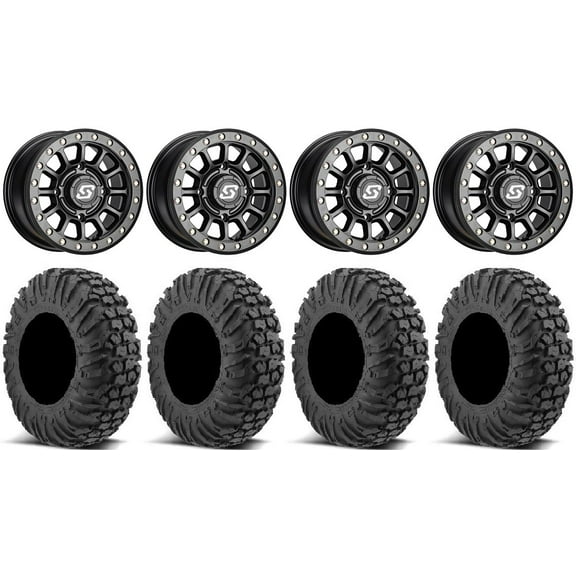 Sedona Sano Bdlk 15x7 Wheels Bk 34" MotoVator Tires Can-Am Maverick X3 / Honda Pioneer 1000 / Talon