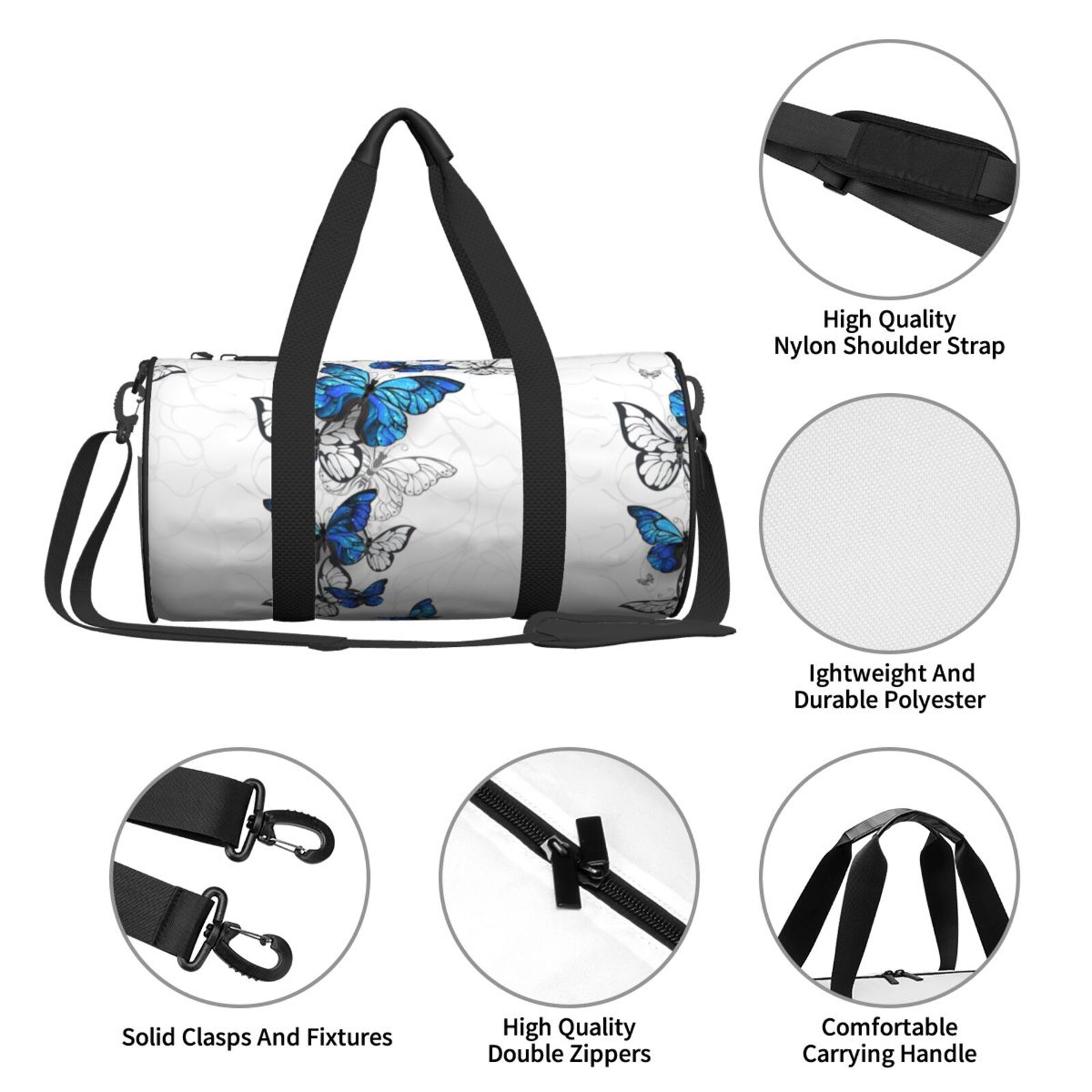 Vsdgher Blue Flying Butterflies 45L Foldable Duffel Bag, Sports Gym Bag,Overnight Bag, Portable Weekender Bag for Airplanes