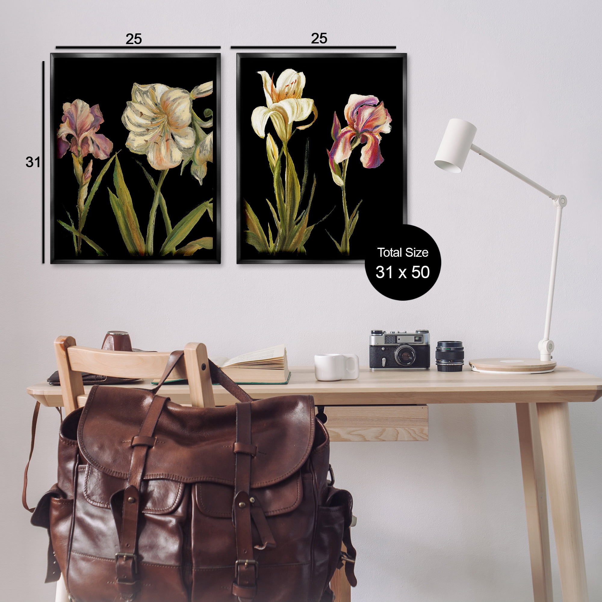 Stupell Industries Blooming Purple Iris White Lily Plants & Flowers Painting Black Floater Framed Canvas Art Print Wall Art, 31 x 25, Set of 2