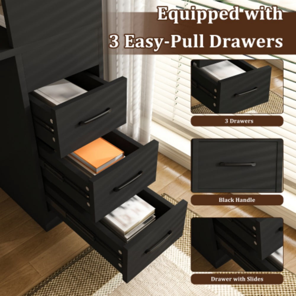 Computer Desk with 4-in-1 Charging Station, 3 Drawers & 4-Tier Storage, Modern Wooden Writing Desk for Home Office, Study & Gaming, Black