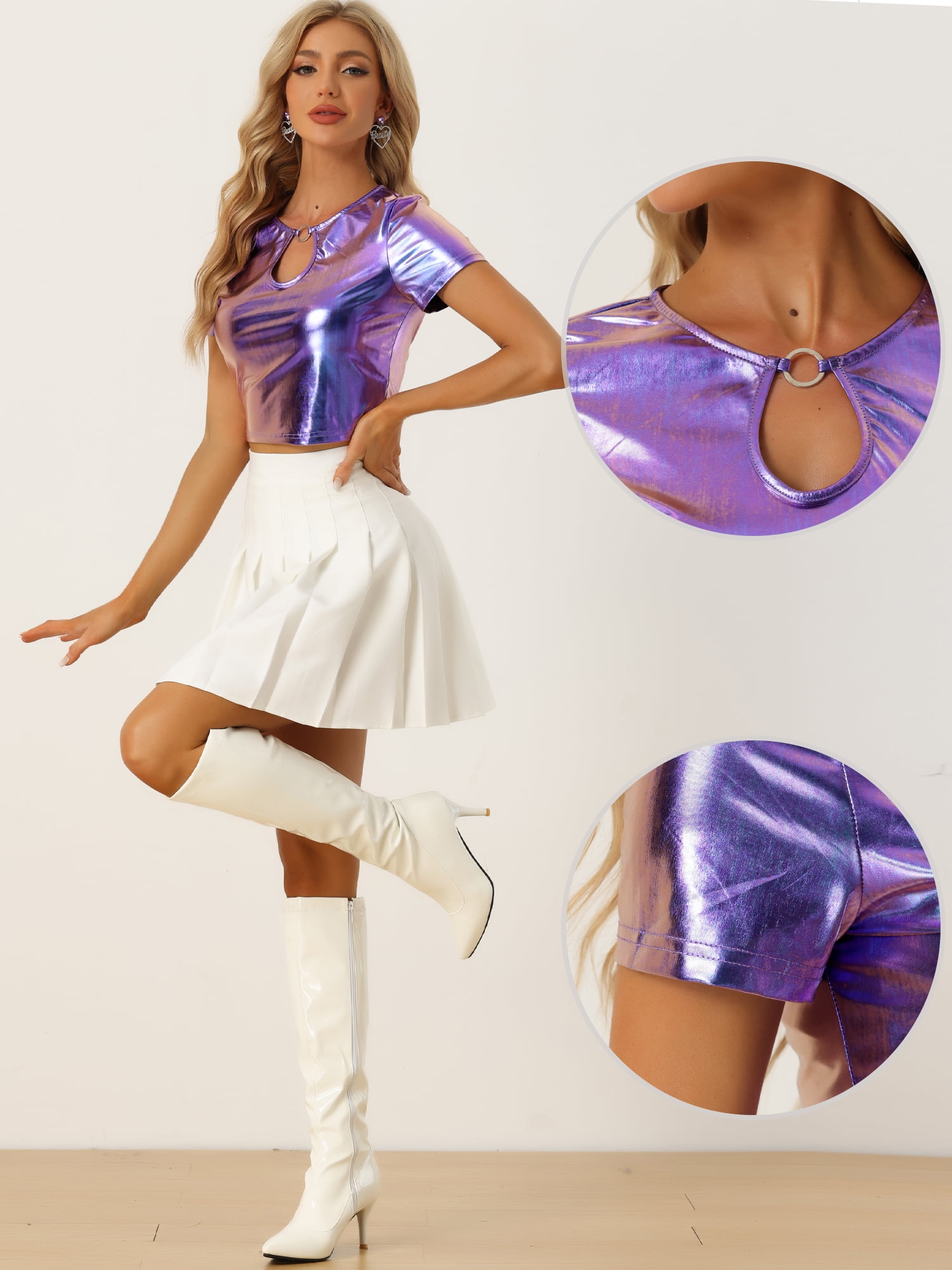 DARING DIVA Women's Metallic Crop Shiny Holographic Top XL Purple Blue