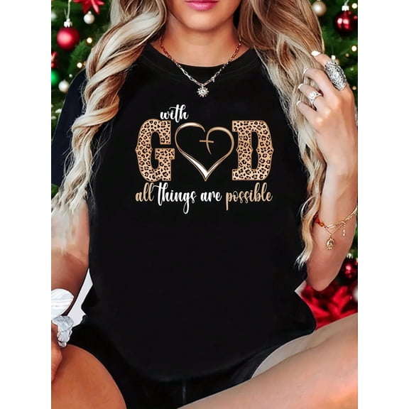 Women's Christian Graphic Tee, With God All Things Are Possible Inspirational Faith Shirt, Heart Cross Print Crew Neck Short Sleeve Casual Top