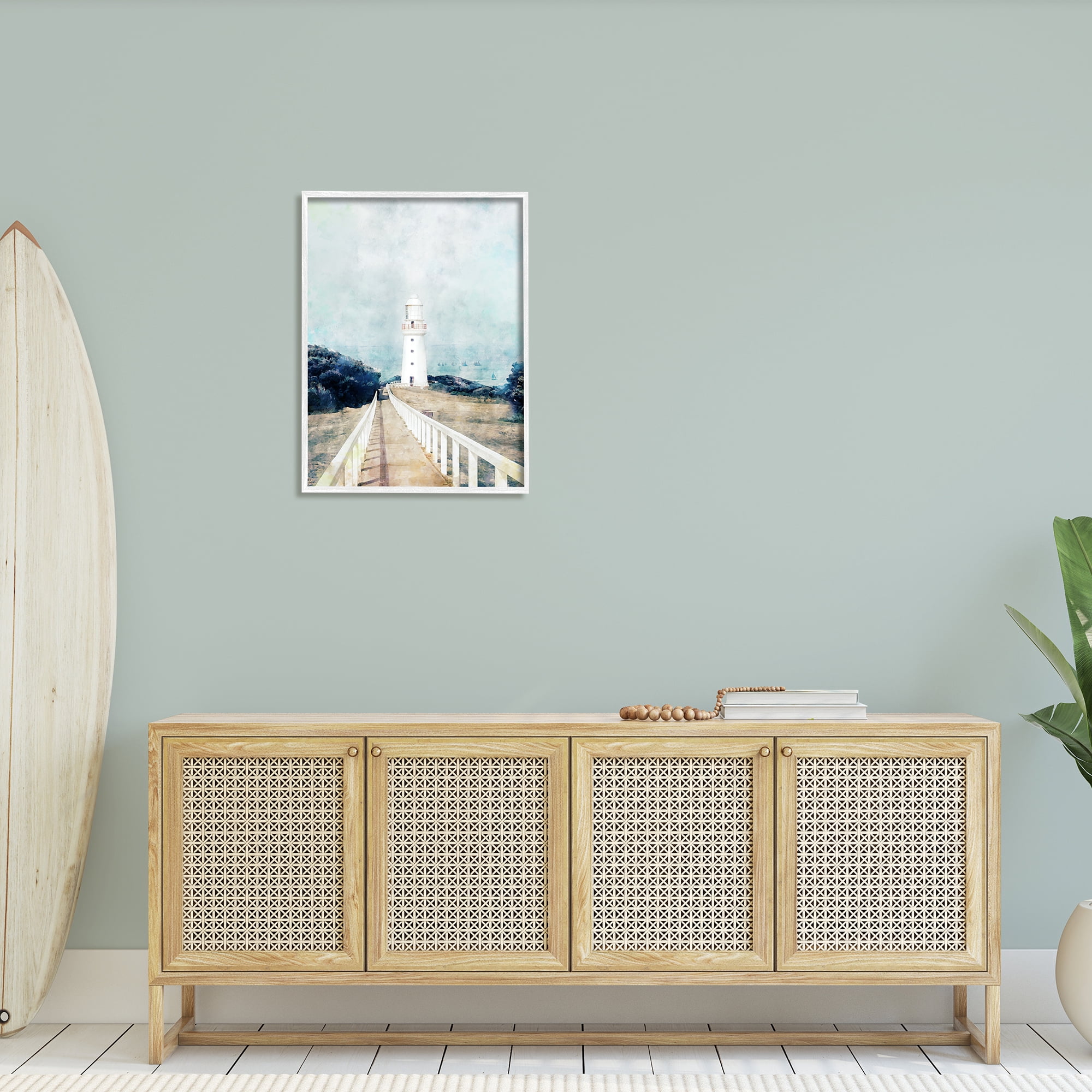 Stupell Industries White Lighthouse Boardwalk Rocky Cliff Coastal Landscape Water, 24 x 30,Design by Ziwei Li