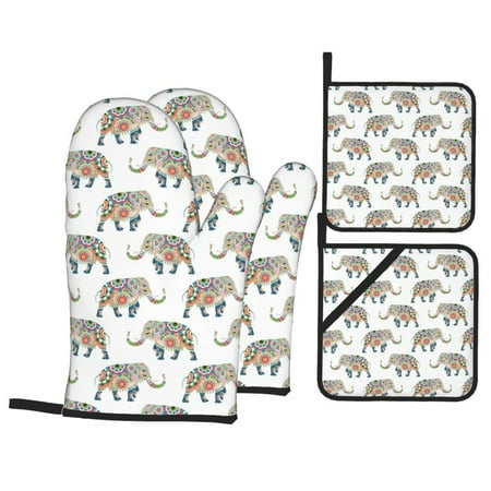 

Oven Mitts and Pot Holders Sets 4 pcs - Indian Elephant Heat Resistant Silicone Oven Gloves with Non-Slip Silicone Surface and hot pads for kitchen Baking Cooking BBQ