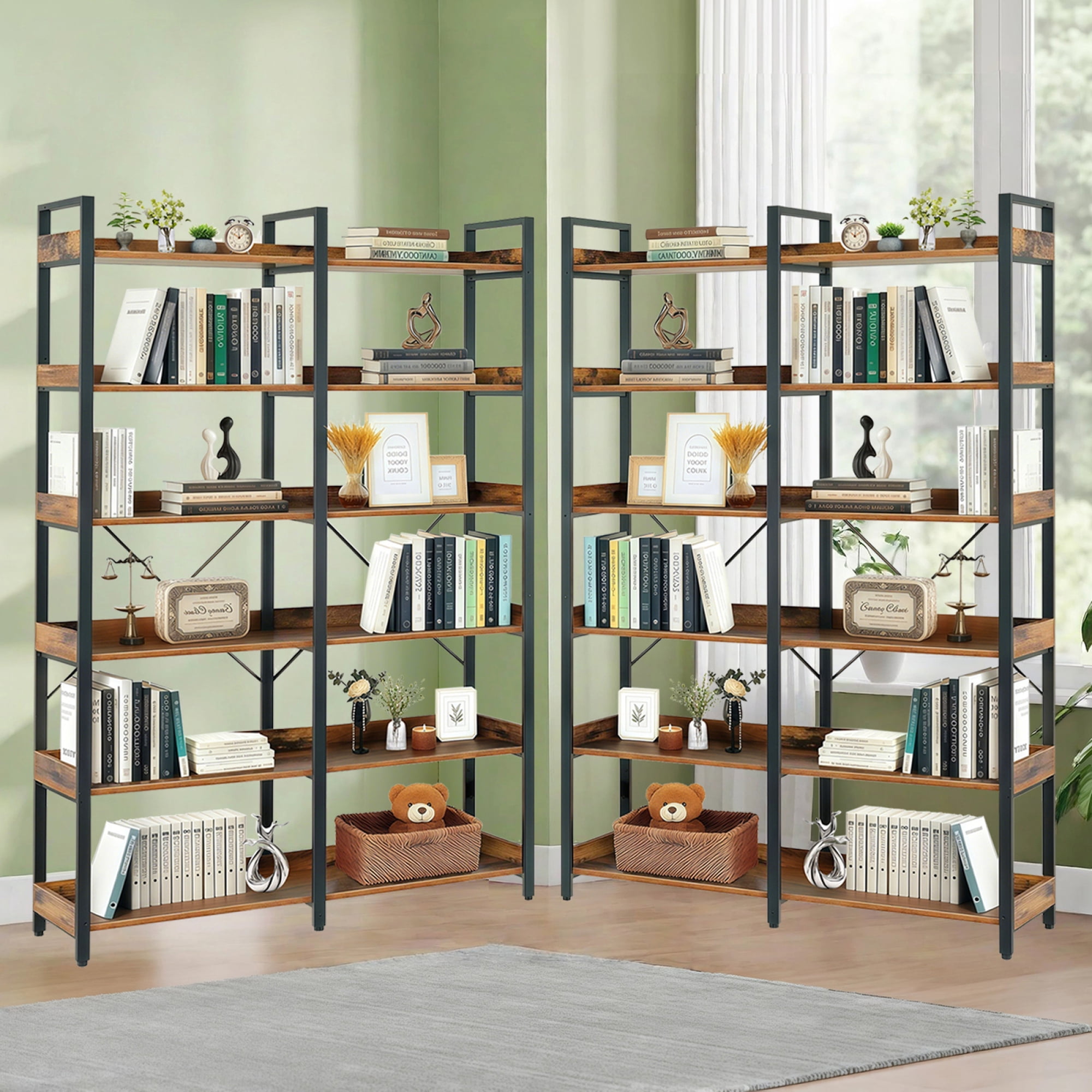 Leumius 6-Tier Industrial Bookshelf, 67" Wooden Bookshelf with Open Shelves, Freestanding Metal Frame Bookcase for Storage and Display, Modern Book Shelves for Bedroom Living Room Home Office Brown
