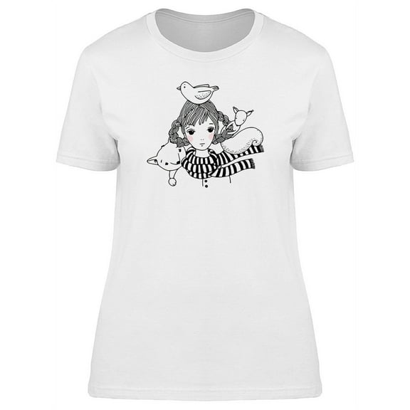 Young Girl Fox Birds  T-Shirt Women -Image by Shutterstock, Female Small