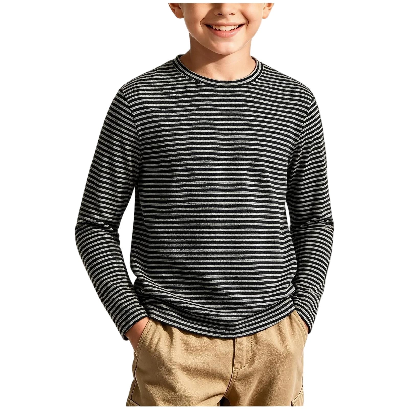 Zirvehy Unisex Kids Long Sleeve Shirts Soft Crew Neck Base Layer Top Casual Striped Pullover Top for Boys Girls Everyday Wear(Black 9-11 Years)