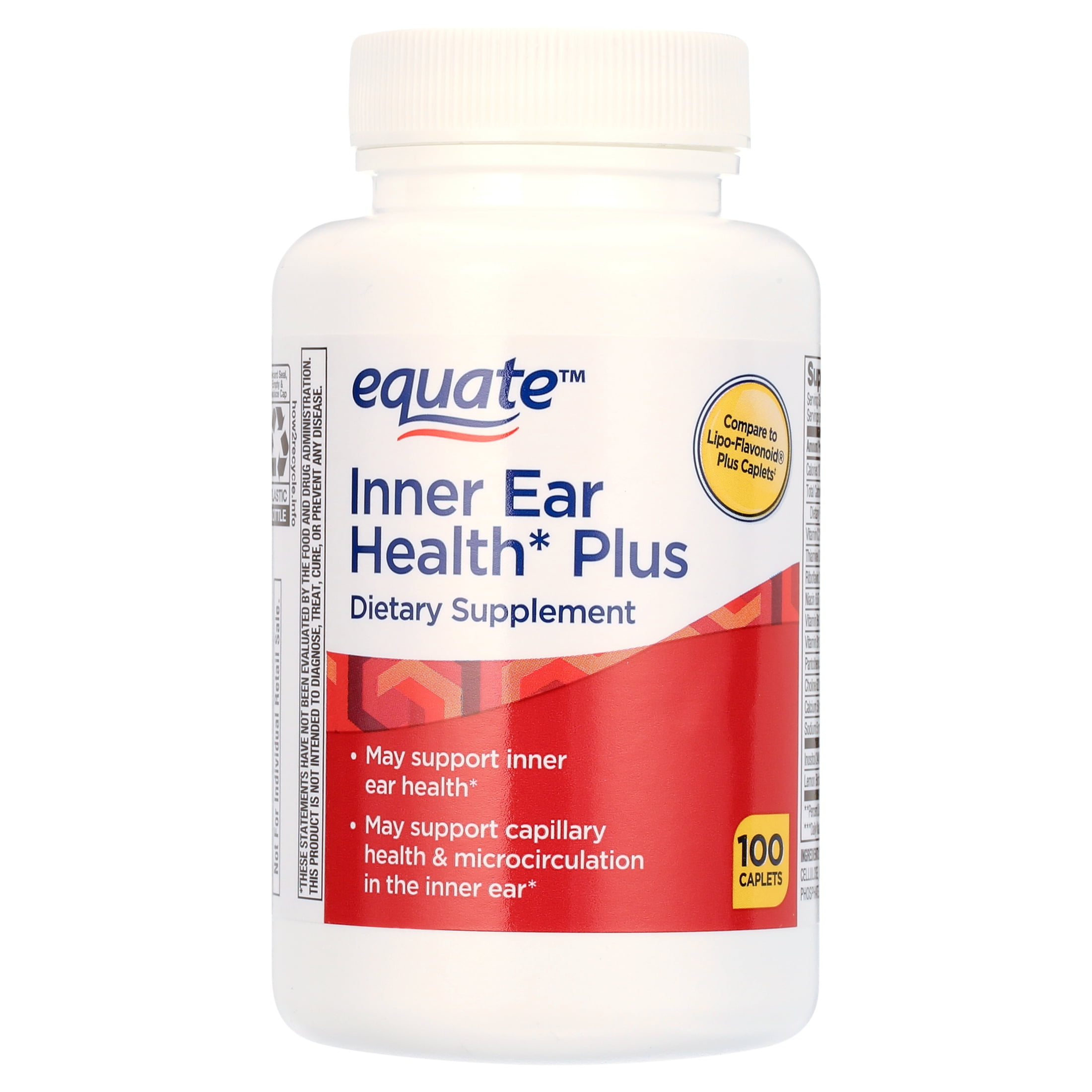 Equate Inner Ear Health Plus Caplets Dietary Supplement, 100 Count, Compare to Lipo-Flavonoid® Plus Caplets