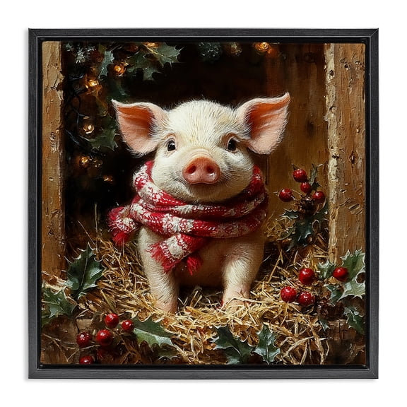 Stupell Industries Pig with Holiday Garlands Animals Painting Black Floater Framed Canvas Art Print Wall Art, 18 x 18