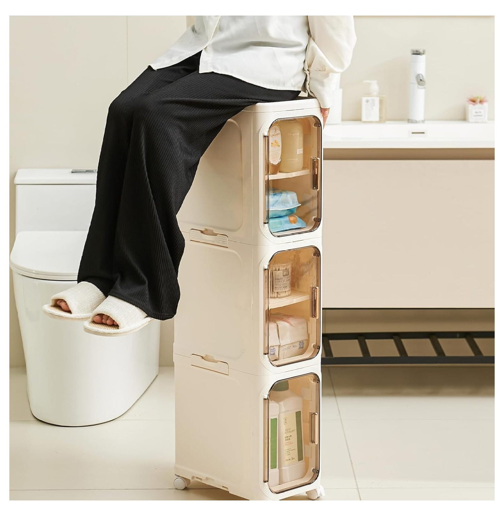 4-Tier Tall Narrow Storage Cabinet- Plastic Slim Bathroom Storage Organizer with Magnetic Doors,Adjustable Shelves&Movable Wheels, Foldable Skinny Cabinet for Small Spaces,Kitchen