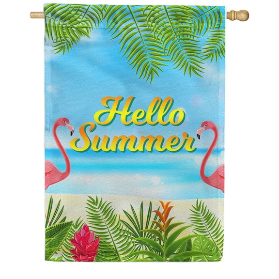America Forever Hello Summer Pink Flamingo House Flag 28 x 40 inches Nautical Beach Palm Leaves Tropical Double Sided Seasonal Yard Outdoor Decorative Coastal House Flag