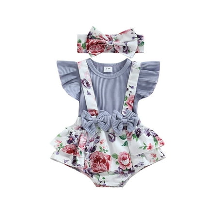 

Frobukio 2Pcs Infant Baby Girls Romper Ruffle Sleeve Bowknot Decorated Floral Printed Patchwork Romper + Headband Light Purple 3-6 Months