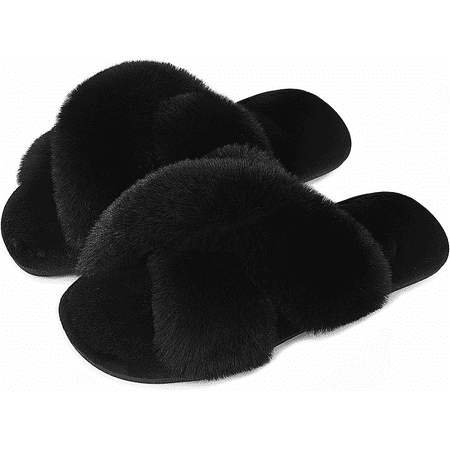 

Wish Women s Fuzzy Slippers Cross Band Soft Plush Cozy House Shoes Furry Open Toe Indoor or Outdoor Slip on Warm Breathable Anti-skid Sole Black Size: 38-39 S602