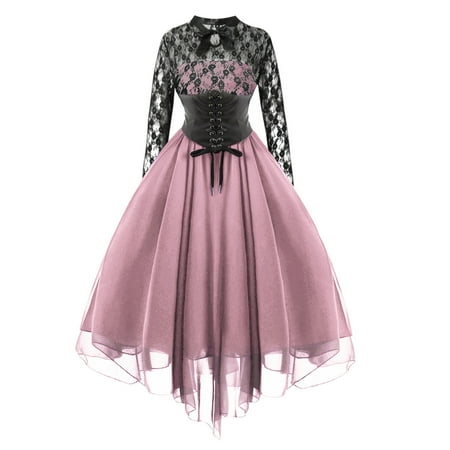 Feancey Weekly sale 2025 Gothic Dresses for Women Plus Size Women Steampunk Gothic Dress with Corset Halter Long Sleeve Lace Cocktail Swing Dress Handkerchief Hem Halloween Punk Hippie Dress