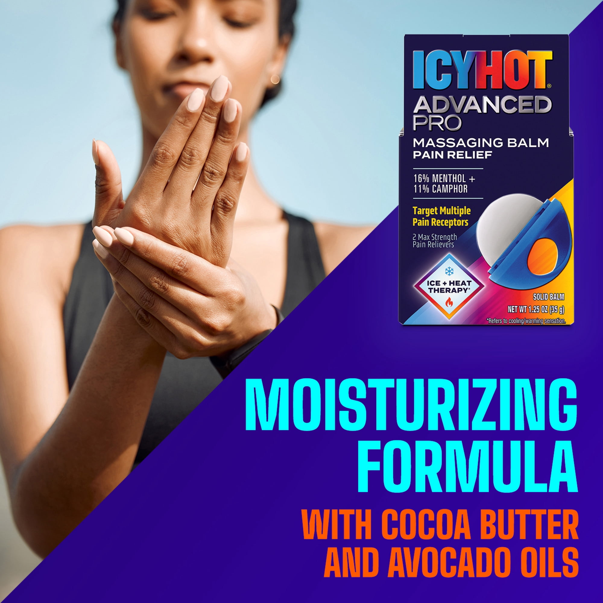 Icy Hot Advanced PRO Pain Relief Massaging Balm, Fast-Acting Max Strength Pain Relief With Menthol 16% and Camphor 11% for Backaches, Joints, Muscle Strains and Arthritis, 1.25 oz
