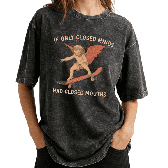 Vintage Skateboarding Cherub Closed Minds Quote Wash Print Tshirt S-2XL Acid Washed Black Graphic Tees Casual Shirts for Funny Sassy Tops