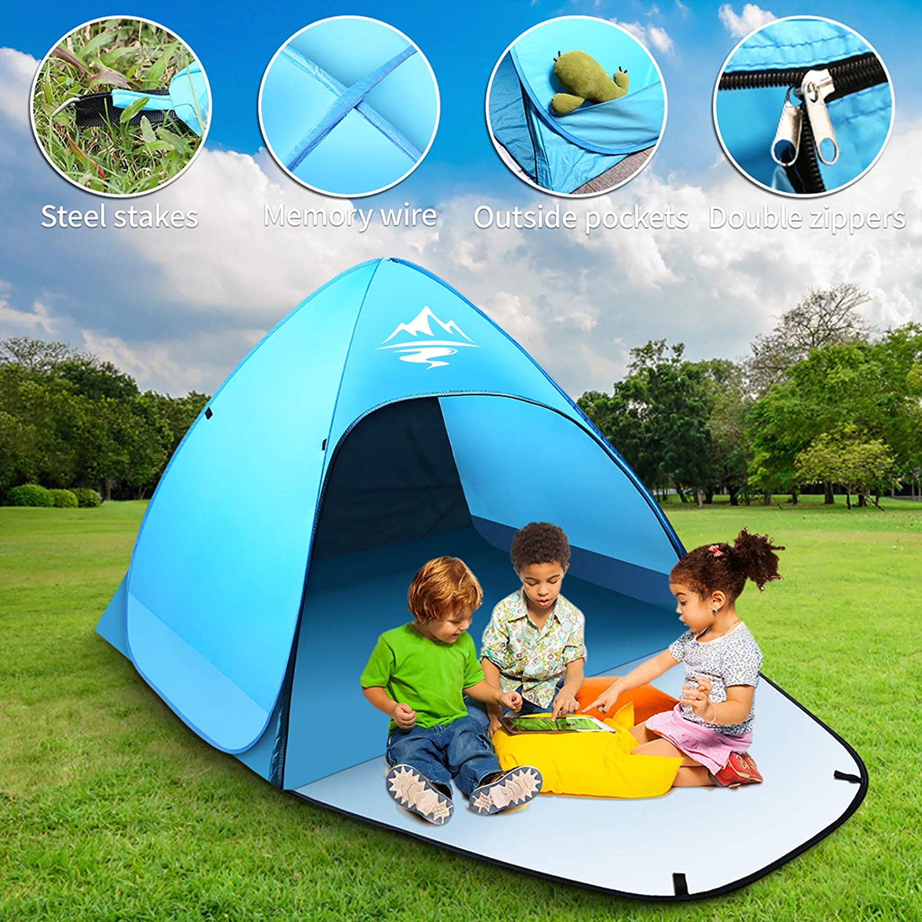 Pop Up Beach Tent UPF 50 Sun Shelter 2-3 Person Automatic Waterproof Fishing Picnic Crenova Camping Tent W/ Carry Bag Blue