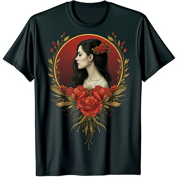 Elegant Black T-Shirt with Vibrant Profile Design of Woman and Red Rose