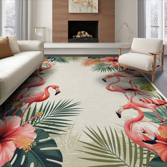 ODIKA 8'x10' Washable Area Rug Flamingo Tropical Welcome Motif With Boho Floral And Botanical Accents for Dining Room, Large Office, Lounge, Non-Slip Chair-Friendly Mat