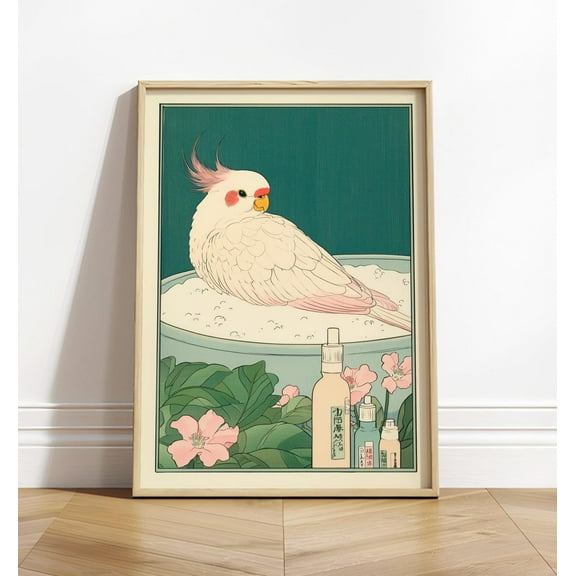 Cute Cockatiel In Bathtub, Funny Bathroom Print, Japanese Art Print, Ukiyo-E Wall Art, Bird Art Print, Aesthetic Bathroom Decor Wall Art, Modern Wall Decor, 8x12 UNFRAMED