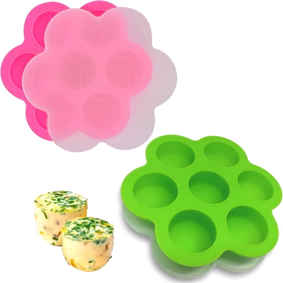 ACDANC Silicone Egg Bite Molds [2 Pack] - Fit 5,6,8 qt Pressure Cooker - Food Freezer Tray with Lid - Reusable Storage Container (Pink&Green - Egg Bite Mold)
