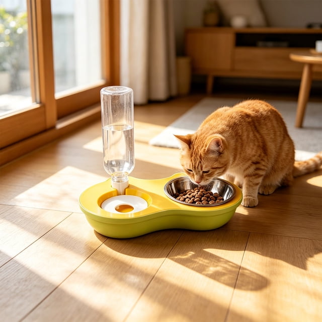 Juego de comederos dobles para gatos con cuencos elevados de acero inoxidable para comida y agua – Base antideslizante, dispensador automático de agua, diseño 2 en 1 para comida seca o húmeda.