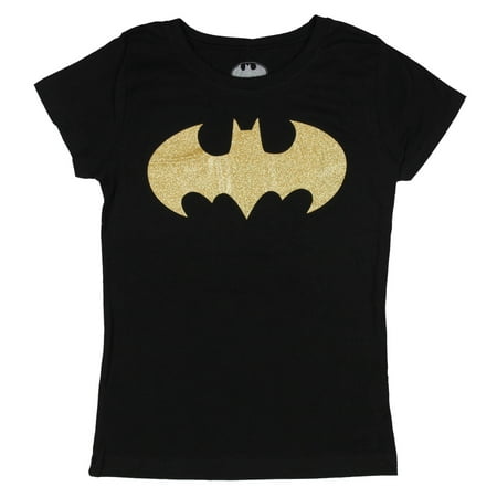 DC Comics Batman Shirt Gold Foil Glitter Graphic Black Costume Logo Girls Top