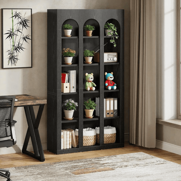 Rustic Farmhouse Arched Bookshelf, Thick MDF, Anti-Tip Kit, Freestanding for Office, Living Room, Bedroom