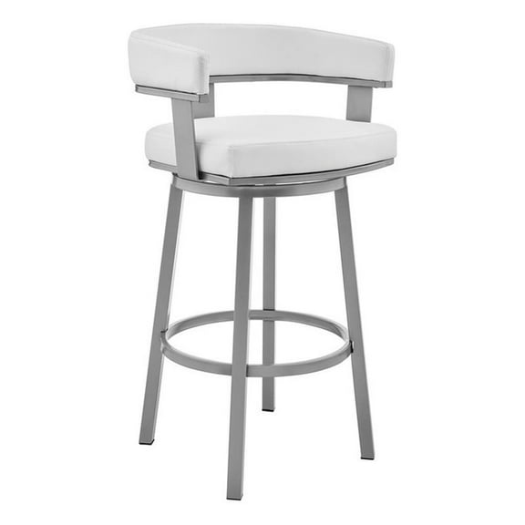 Pemberly Row 26" Modern Faux Leather Swivel Counter Stool in White/Silver