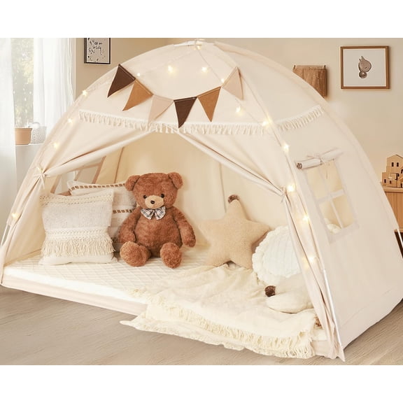 Twin Size Bed Tent Canopy, Kids Play Tent with Flags & Star Lights, Canopy on Bed Privacy Space Sleeping Blackout Tents, Indoor Breathable Portable & Foldable, Girls & Boys Gifts, Cream Tassels Style