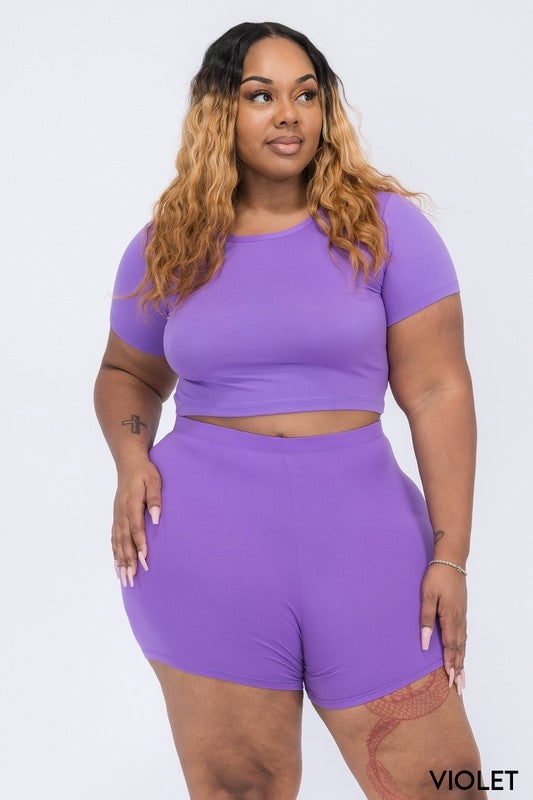 Plus Size Short Sleeve Crop Top u0026 Biker Shorts Set - Walmart.com