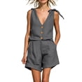 thumbnail image 2 of Naotn Women's Summer Linen 2 Piece Outfits Lace Up Sleeveless Matching Sets Button Down V Neck Tank Tops and Pocket Shorts, 2 of 7