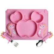 AWINNER Divided Toddler Baby Plates, Spoon and Fork Combo, BPA Free Safe Utensil for Kids and Toddler (Pink)