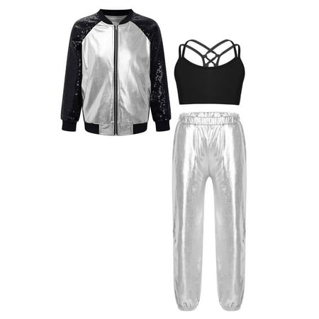 Doomiva Kids Girls Long Sleeve Bomber Jacket Dance Crop Top Sports Bra Vest with Pants Set Jazz Street Dancewear Silver 12